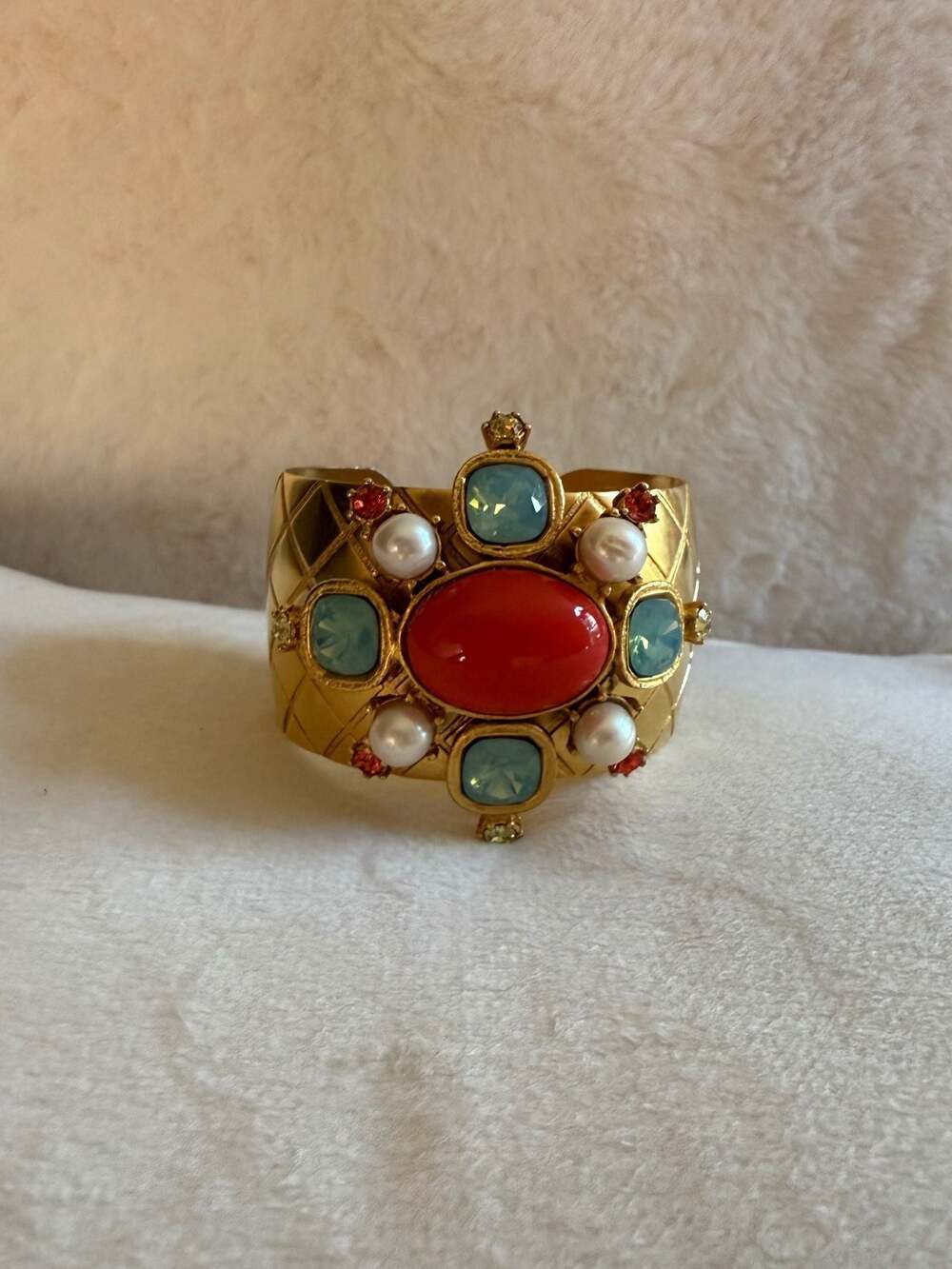 Yosca Gold-Tone Cuff Bracelet with Turquoise, Coral, and Pearl Cabochons